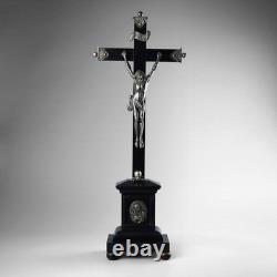 Antique 19th Carved Wood Silver Plate Crucifix Corpus Christi Memento Mori Skull