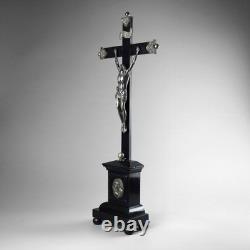 Antique 19th Carved Wood Silver Plate Crucifix Corpus Christi Memento Mori Skull