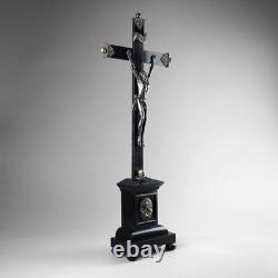 Antique 19th Carved Wood Silver Plate Crucifix Corpus Christi Memento Mori Skull