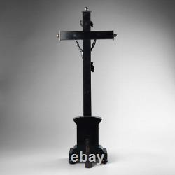 Antique 19th Carved Wood Silver Plate Crucifix Corpus Christi Memento Mori Skull