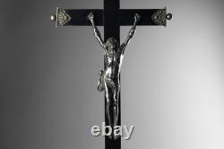 Antique 19th Carved Wood Silver Plate Crucifix Corpus Christi Memento Mori Skull