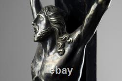 Antique 19th Carved Wood Silver Plate Crucifix Corpus Christi Memento Mori Skull