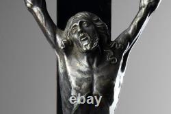 Antique 19th Carved Wood Silver Plate Crucifix Corpus Christi Memento Mori Skull