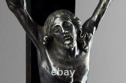 Antique 19th Carved Wood Silver Plate Crucifix Corpus Christi Memento Mori Skull