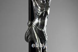 Antique 19th Carved Wood Silver Plate Crucifix Corpus Christi Memento Mori Skull