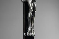 Antique 19th Carved Wood Silver Plate Crucifix Corpus Christi Memento Mori Skull