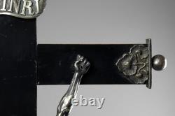 Antique 19th Carved Wood Silver Plate Crucifix Corpus Christi Memento Mori Skull