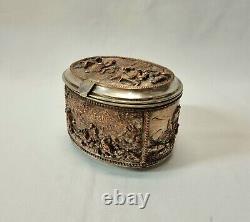Antique 19th Century oval copper trinket box with scenes, formerly silver plated