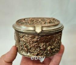 Antique 19th Century oval copper trinket box with scenes, formerly silver plated