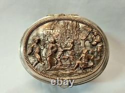 Antique 19th Century oval copper trinket box with scenes, formerly silver plated