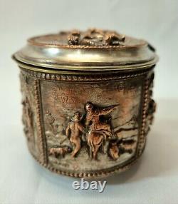Antique 19th Century oval copper trinket box with scenes, formerly silver plated