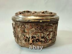Antique 19th Century oval copper trinket box with scenes, formerly silver plated