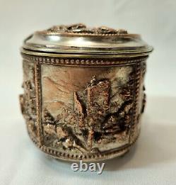 Antique 19th Century oval copper trinket box with scenes, formerly silver plated