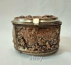Antique 19th Century oval copper trinket box with scenes, formerly silver plated