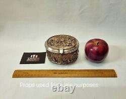 Antique 19th Century oval copper trinket box with scenes, formerly silver plated