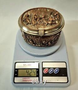 Antique 19th Century oval copper trinket box with scenes, formerly silver plated