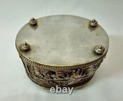 Antique 19th Century oval copper trinket box with scenes, formerly silver plated