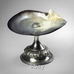 Antique 19th century mother of pearl oyster shell tazza dish silver plated stand