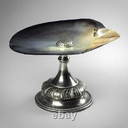 Antique 19th century mother of pearl oyster shell tazza dish silver plated stand