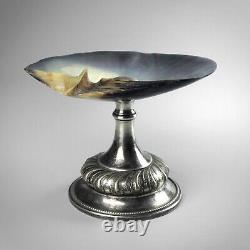 Antique 19th century mother of pearl oyster shell tazza dish silver plated stand