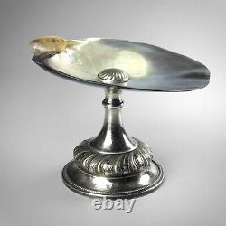 Antique 19th century mother of pearl oyster shell tazza dish silver plated stand