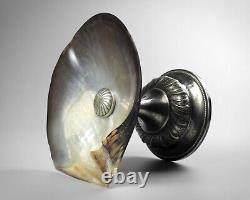 Antique 19th century mother of pearl oyster shell tazza dish silver plated stand