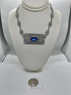 Antique Art Deco Blue Lozenge Shape Plaque Rhodium Plated Sterling Necklace