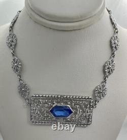 Antique Art Deco Blue Lozenge Shape Plaque Rhodium Plated Sterling Necklace
