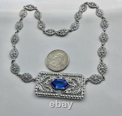 Antique Art Deco Blue Lozenge Shape Plaque Rhodium Plated Sterling Necklace