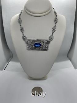 Antique Art Deco Blue Lozenge Shape Plaque Rhodium Plated Sterling Necklace
