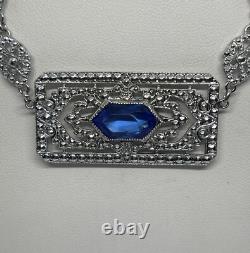 Antique Art Deco Blue Lozenge Shape Plaque Rhodium Plated Sterling Necklace