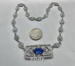 Antique Art Deco Blue Lozenge Shape Plaque Rhodium Plated Sterling Necklace