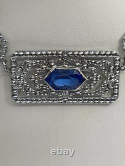 Antique Art Deco Blue Lozenge Shape Plaque Rhodium Plated Sterling Necklace