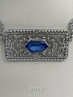 Antique Art Deco Blue Lozenge Shape Plaque Rhodium Plated Sterling Necklace Antique Art Deco Blue Lozenge Shape Plaque Rhodium Plated Sterling Necklace