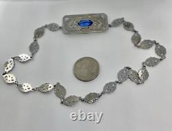 Antique Art Deco Blue Lozenge Shape Plaque Rhodium Plated Sterling Necklace