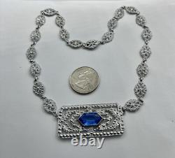 Antique Art Deco Blue Lozenge Shape Plaque Rhodium Plated Sterling Necklace