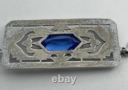 Antique Art Deco Blue Lozenge Shape Plaque Rhodium Plated Sterling Necklace