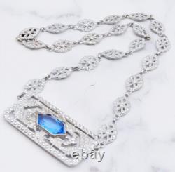 Antique Art Deco Blue Lozenge Shape Plaque Rhodium Plated Sterling Necklace