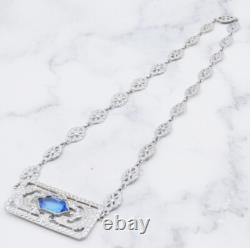 Antique Art Deco Blue Lozenge Shape Plaque Rhodium Plated Sterling Necklace