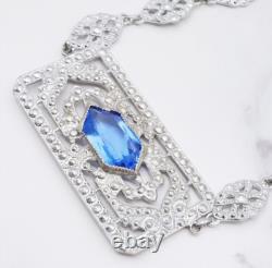 Antique Art Deco Blue Lozenge Shape Plaque Rhodium Plated Sterling Necklace