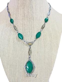Antique Art Deco Green Stone Rhodium Plated Necklace
