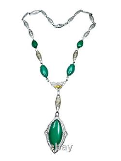 Antique Art Deco Green Stone Rhodium Plated Necklace
