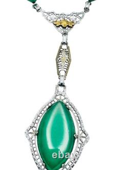 Antique Art Deco Green Stone Rhodium Plated Necklace