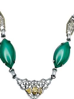 Antique Art Deco Green Stone Rhodium Plated Necklace