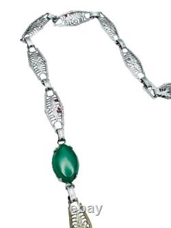 Antique Art Deco Green Stone Rhodium Plated Necklace