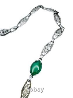 Antique Art Deco Green Stone Rhodium Plated Necklace