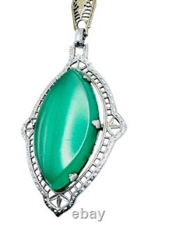 Antique Art Deco Green Stone Rhodium Plated Necklace