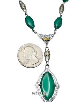 Antique Art Deco Green Stone Rhodium Plated Necklace