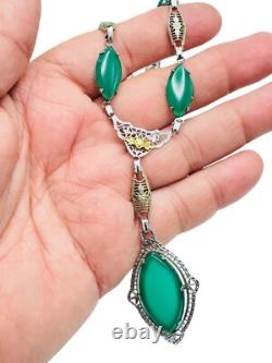 Antique Art Deco Green Stone Rhodium Plated Necklace