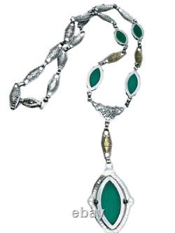Antique Art Deco Green Stone Rhodium Plated Necklace